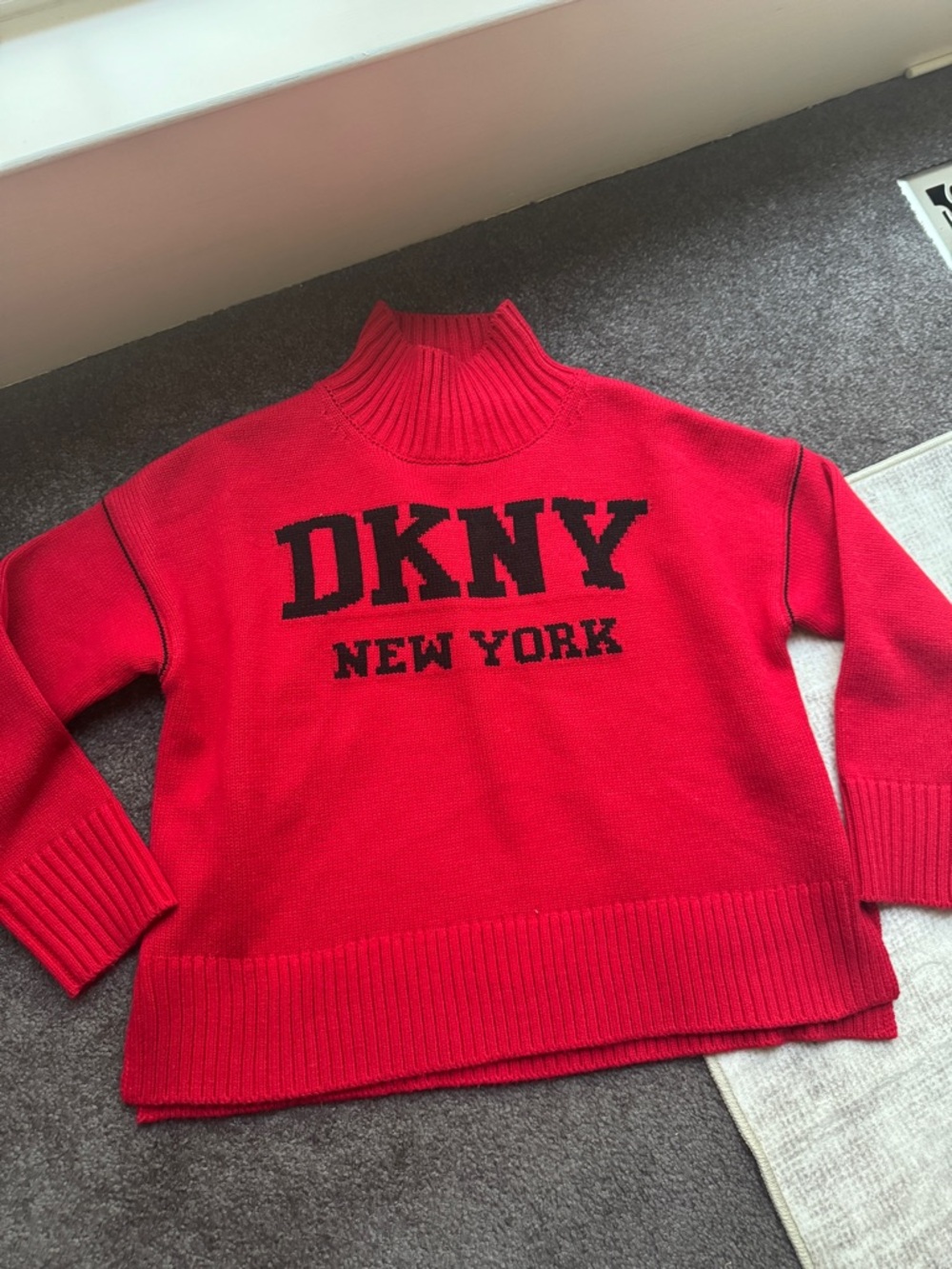 DKNY Red Mock Neck Sweater with Black Logo